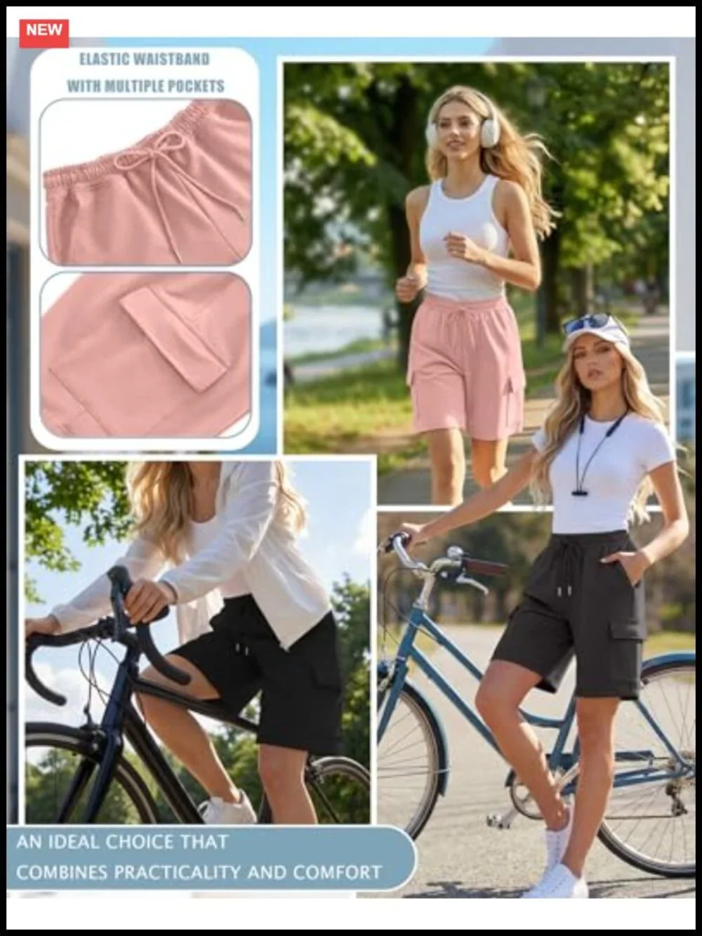 Women's Cargo Bermuda Shorts 3-Pack Cotton Polyester Drawstring Knee Length